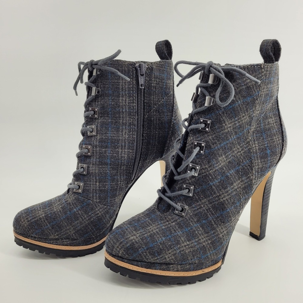 Gianni Bini Tosti Gray Plaid Lace Up Stiletto Platform Ankle Boots Womens 7M